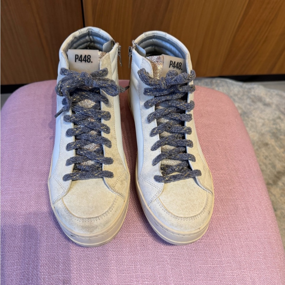 P448 White High-Tops with Sparkly Gray Laces Size 40